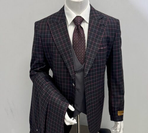 Steve Harvey 3Pc Suit Charcoal w/Burgundy Window Pane