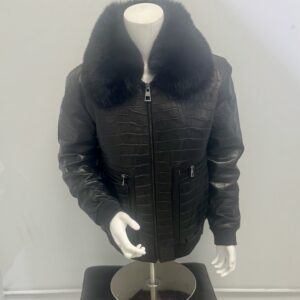 Luca Della Black Alligator Print Lambskin Leather w/Fox Collar