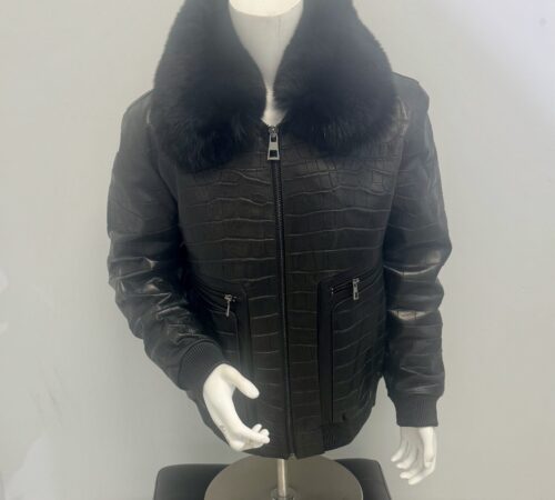 Luca Della Black Lambskin Leather Alligator Print w/Fox Collar